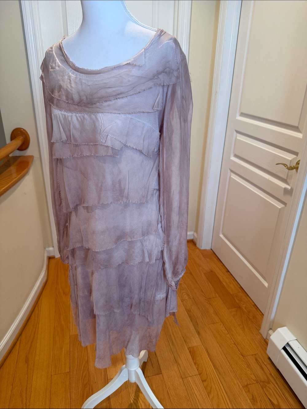 Romantic Layered Long-Sleeve Midi Dress in Dusty Lavender